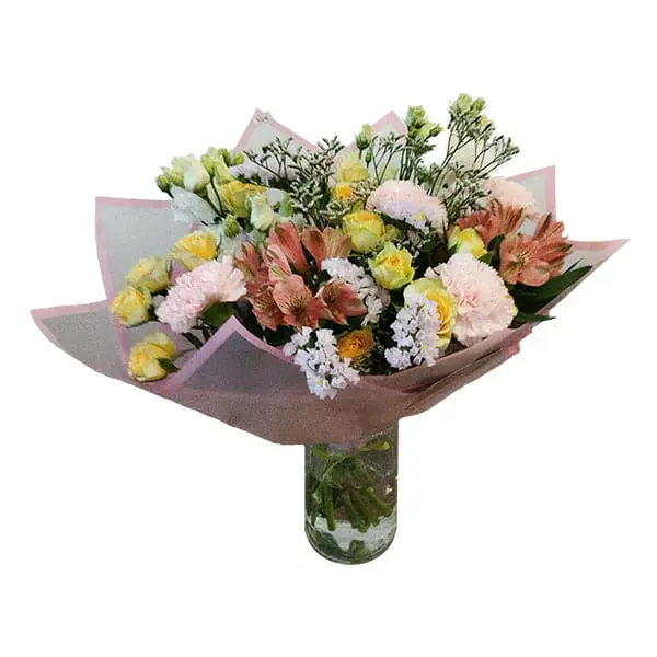L'Artisan Floral Parisien, Fresnes : bouquet roses jaunes, d'alstroemères, d'œillets roses, de statice et de délicates fleurs de saison