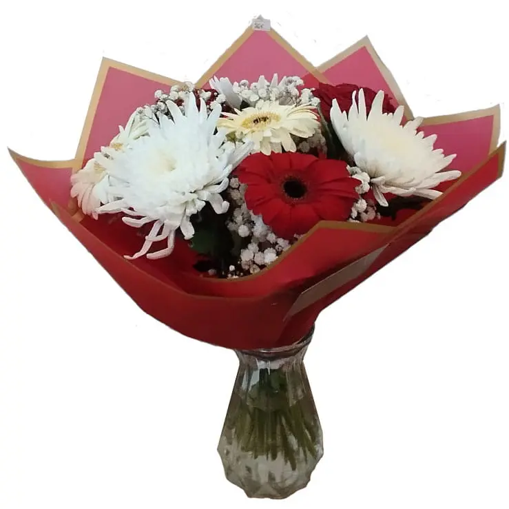 L'Artisan Floral Parisien, Fresnes : bouquet de roses et gerberas rouges et de chrysanthèmes blanches