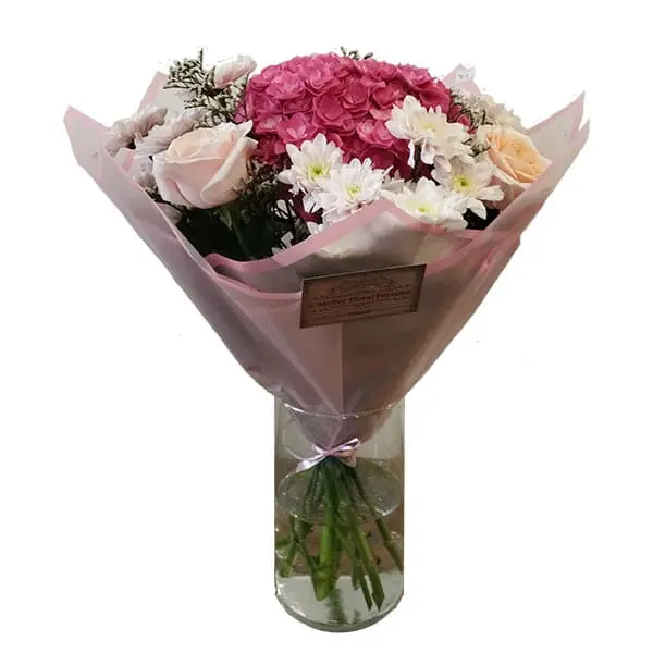 L'Artisan Floral Parisien, Fresnes : bouquet d'oeillets roses et blancs, roses blanches
