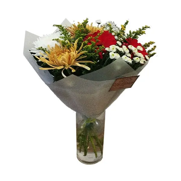L'Artisan Floral Parisien, Fresnes : bouquet chrysanthèmes jaunes et blancs, gerberas rouges et des statice blancs.